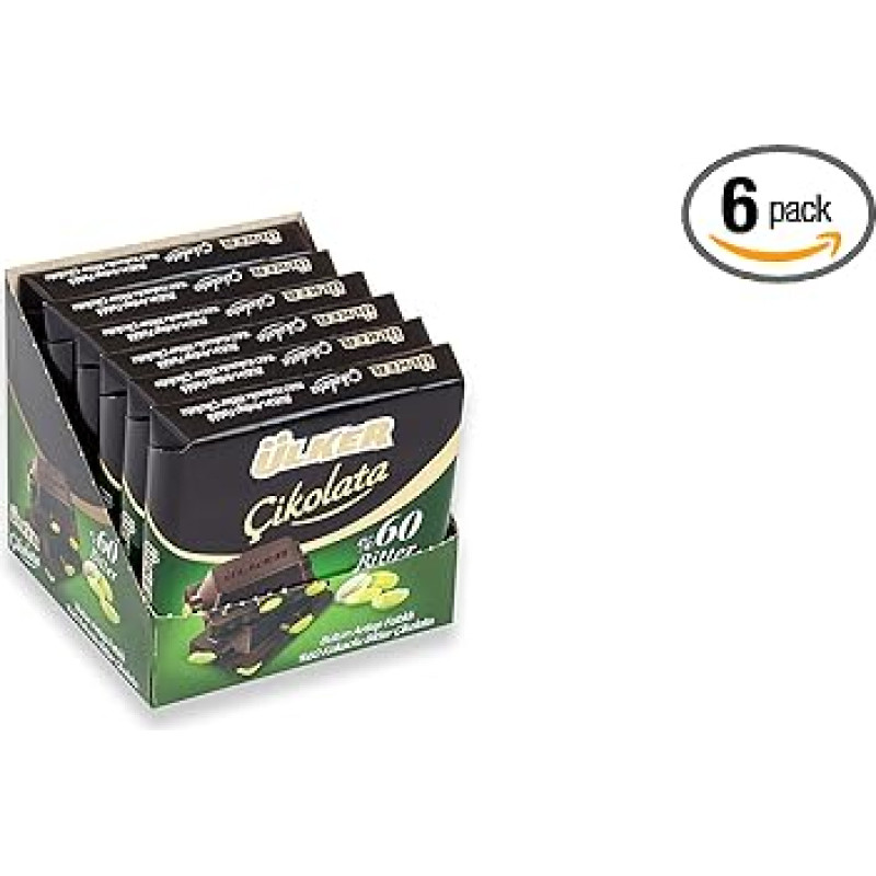 ÜLKER 60% Dark Chocolate Bar with Whole Pistachios 70g x 6