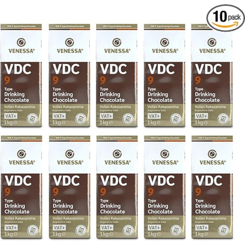 VENESSA VDC 9 Drinking Chocolate 10 x 1 kg Storage Pack - Cocoa Drink Powder with Milk Content. 9% Strong Deoiled Cocoa Powder for Creamy Vending Machine - Suitable for Hot Drinks