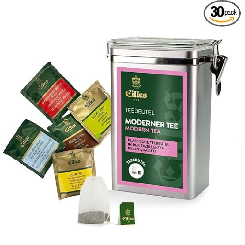 Modern Tea Premium Aroma Tin with 5 Varieties Eilles Deluxe Tea Bags, 30 Servings Total, Resealable Tin with Crystal Lid