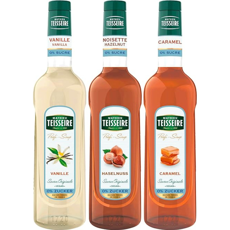 Mathieu Teisseire Syrup Light Set (3 x 700 ml Bottles: Vanilla 0%, Caramel 0% & Hazelnut 0%)