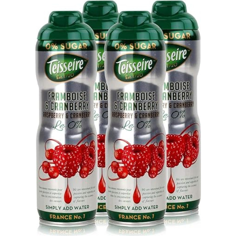 Teisseire Drink Syrup Raspberry & Cranberry 0% - 600 ml - Syrup That Tastes Just Like the Fruit (Pack of 4)