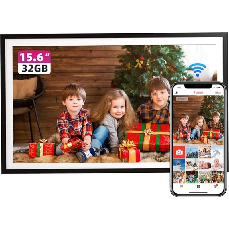 FRAMEO Digital Picture Frame, 15.6 Inch FHD Touchscreen Electronic Picture Frame, Large with 32 GB Waln, Remote Sharing of Photos and Videos with Calendar, Weather Music