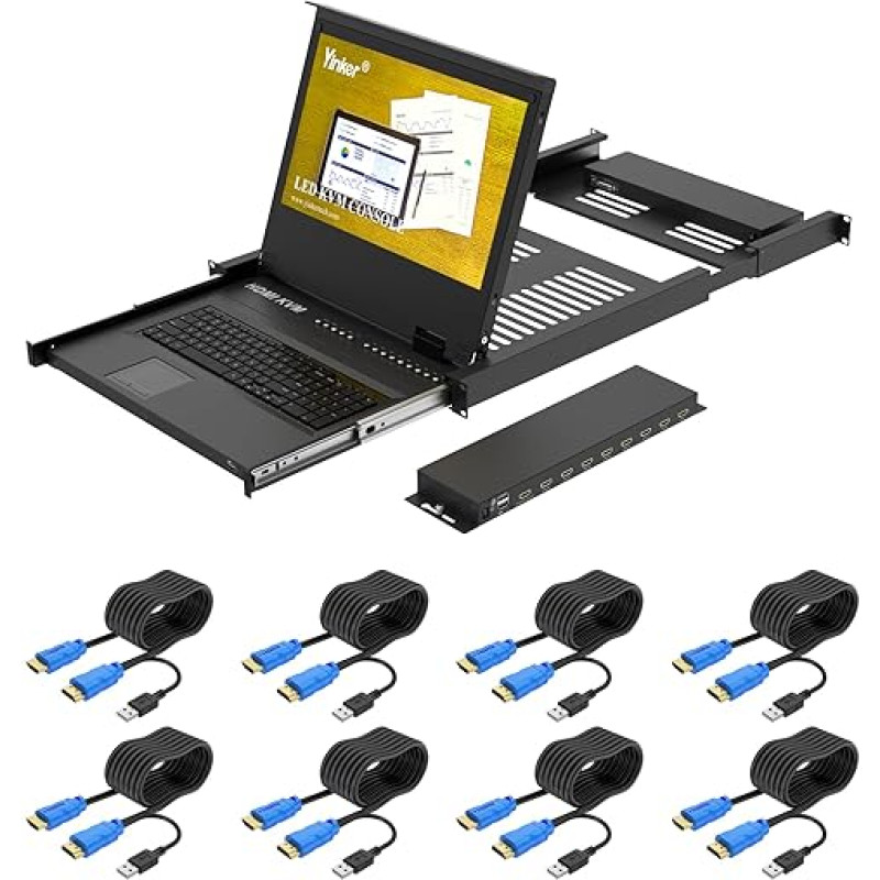 17.3 Inch LCD KVM Console HDMI 8 Port, Yinker Rackmount KVM Switch Fit 1U 19 Inch Rack, Keyboard Monitor Touchpad Drawer Integrated + Cable 1920 x 1080