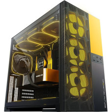 Geometric Future M5 Vent, tinklelio formos grūdinto stiklo vidinio bokšto, E-ATX/ATX žaidimų korpusas, didelis oro srautas, C tipo, 420/360 ratukų palaikymas, ARGB PWM 140 mm ventiliatorius x 5 iš anksto sumontuoti, juoda/geltona, GEO-M5VF-BY
