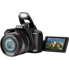 ORDRO G700 64MP skaitmeninis fotoaparatas fotografijai, SLR fotoaparatas, 4K vaizdo įrašymo kamera su 3 colių atverčiamu ekranu, 12 kartų optiniu priartinimu, automatinio fokusavimo Wi-Fi kamera su 64 GB SD kortele, 2 baterijomis
