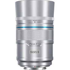 SIRUI Sniper 75 mm automatinio fokusavimo objektyvas, F1.2 teleobjektyvas, skirtas A5 A6 A7 FX A9 ZV-E serijos APS-C fotoaparatams (E-Mount, sidabrinės spalvos)