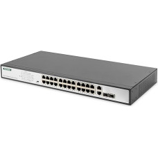 DIGITUS Fast Ethernet PoE+ tinklo komutatorius - 19 colių - 24 prievadai + 2x Uplink SFP/RJ45 - IEEE802.3af/at - 370 W galios biudžetas - juodas