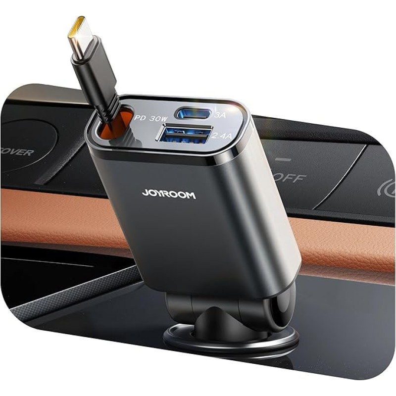 2025 Ultra Compact: Retractable Cigarette Lighter USB C, 3-in-1: JOYROOM 57W 12V/24V USB Adapter Car Accessories, Car Charger Quick Charger, Car Charger for iPhone 16/15/Samsung S25/S24/iPad/GPS