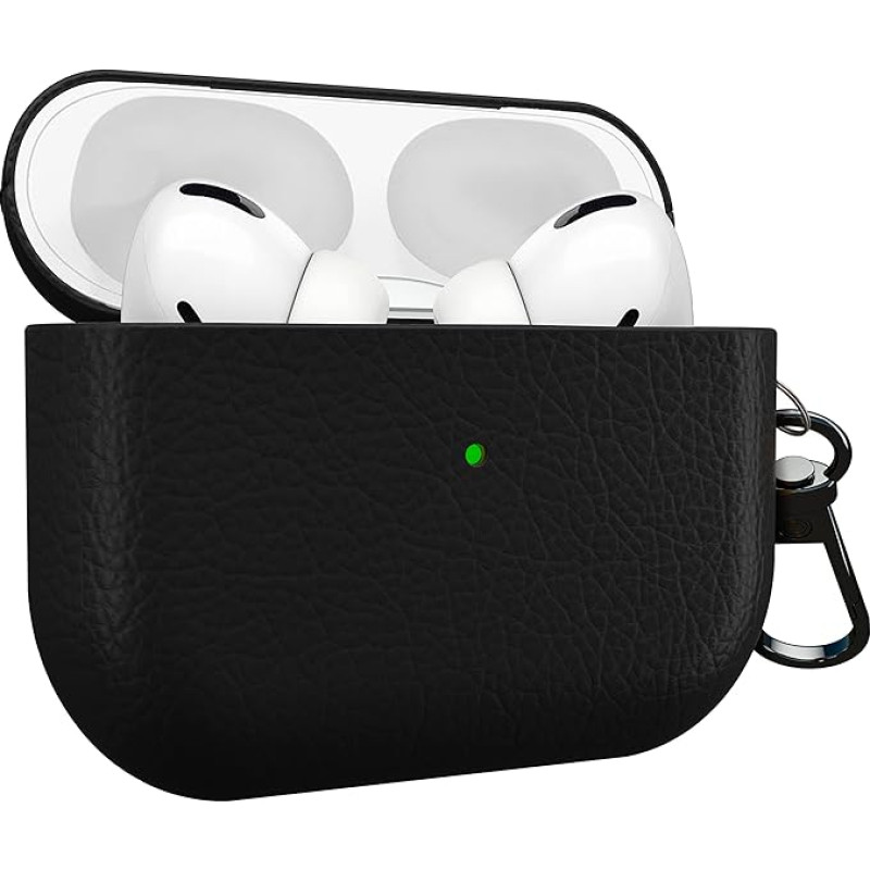 Faux Leather Case Compatible with Apple Airpods Pro 1st Generation - Case [Qi Compatible] - Robust & Shockproof Bumper with Carabiner in Black