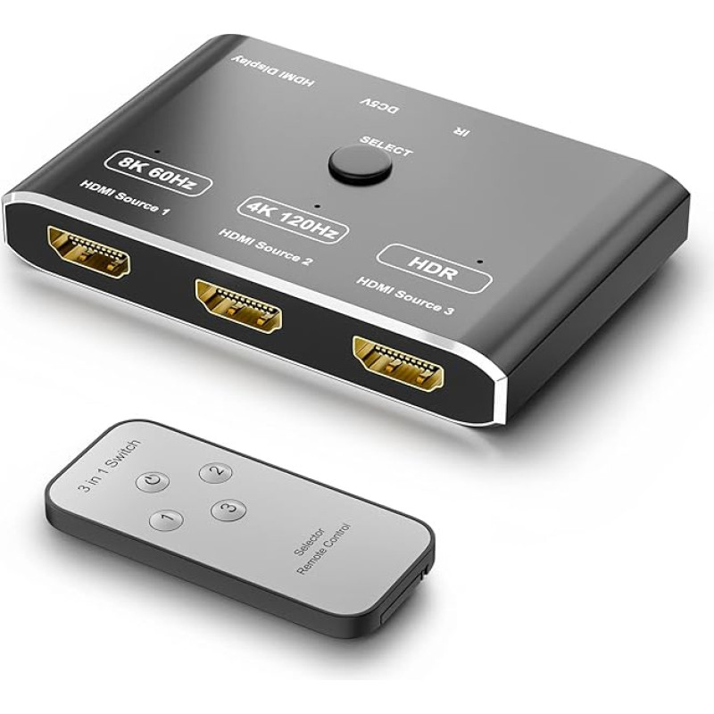 3 prievadų HDMI 2.1 HDR 3In 1Out 8K perjungiklis kryptinis 8K @ 60Hz 4K @ 120Hz HDR 48Gbps 3D HDMI vaizdo keitiklis su nuotolinio valdymo pulteliu Suderinamas su PS5 Xbox x HDMI televizoriais Monitoriai (HDMI jungiklis)