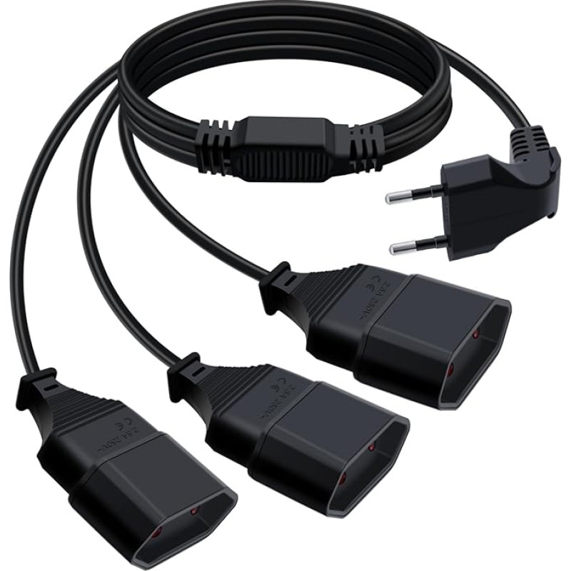 HuaLiSiJi Euro kištukas nuo 3 iki 1 prailginimo kabelis Euro kištukas 90 laipsnių Euro kištukas platintuvas 3 krypčių prailginimo kabelis nuo plokščio iki apvalaus 2,5 A 250 V, skirtas buitinei technikai televizoriui (juodas, 1,5 m)