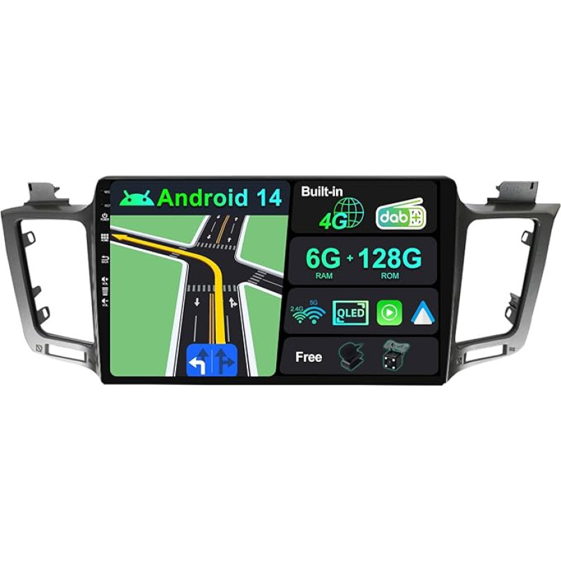 Built-in 4G LTE & DAB, Android 14 car radio for Toyota RAV4 (2013-2018), 6G+128G, Carplay & Android car, camera + MIC, dual band WiFi, steering wheel control, QLED 10.1 inch, 8-core 2 DIN