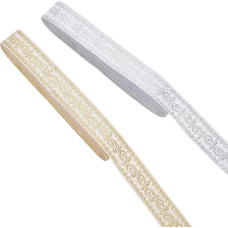 GOMAKERER Jacquard Ribbon 2 Rolls 2 Colors Light Gold Jacquard Ribbon Vintage Embroidery Jacquard Border for Sewing Curtain Tieback Christmas Wreath Gift Wrapping