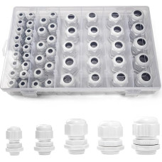 50 dalių kabelių riebokšlių rinkinys, vandeniui atsparios nailono reguliuojamos kabelių movos, uždarymo kabelių riebokšliai PG7 PG9 PG11 PG13.5 PG16 PG19 baltos spalvos