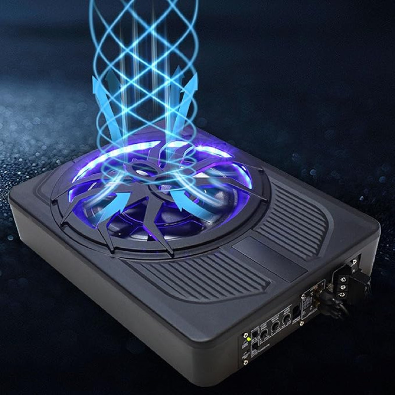 Fabater 10 Inch 800 W Slim Underseat Car Subwoofer with Blue LED Ambient Light, Excellent Heat Dissipation, Reliable Performance and Wired (Colourful Ambient Light with