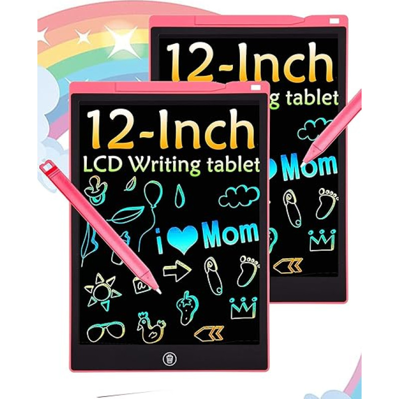 Pack of 2 Colourful LCD Writing Board, 12 Inch LCD Writing Tablet for Children, Painting Board, Children's Electronic Toy from 3-8 Years Old Boy Girl, Erasable Painting Tablet Children Christmas Gifts