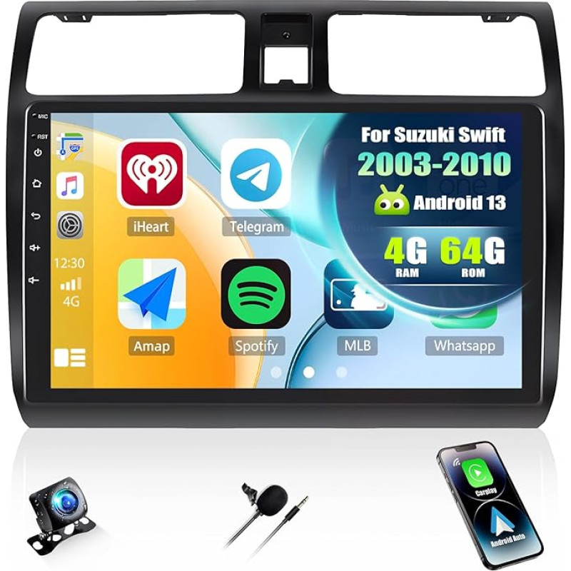 4+64G SIXWIN Android 13 Car Radio for Suzuki Swift (2003-2010) with Carplay/Android Auto/Mirrorlink, 10.1 Inch Capacitive Touchscreen Supports WiFi/GPS/FM/Bluetooth/SWC+ AHD Rear View Camera + MIC