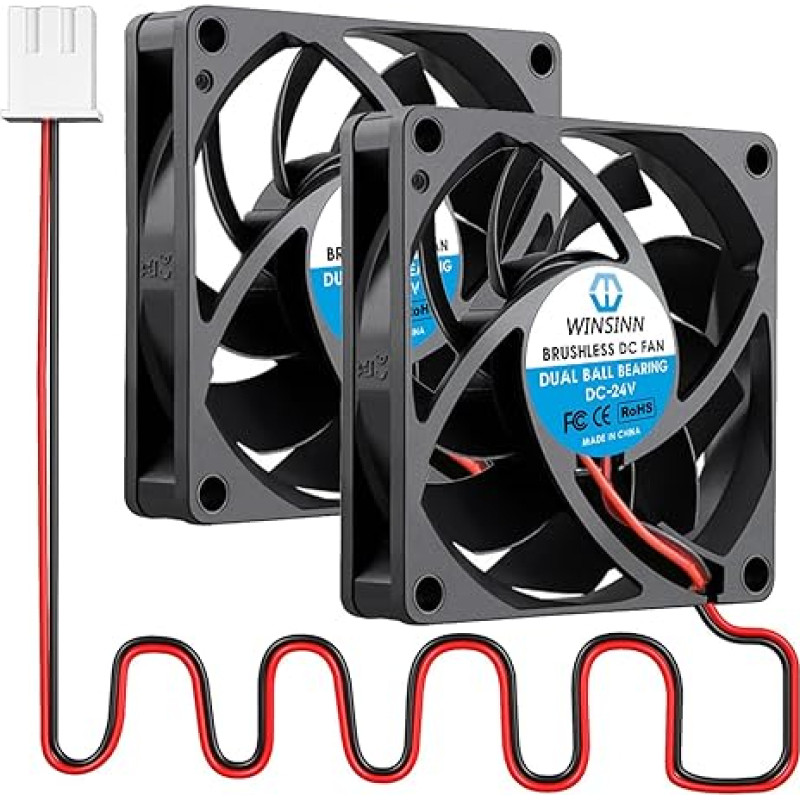 WINSINN DC 70 mm Fan 24 V 7015 Double Ball Bearing 24 Volt Brushless Cooling 70 x 15 mm 2 Pin (Pack of 2)