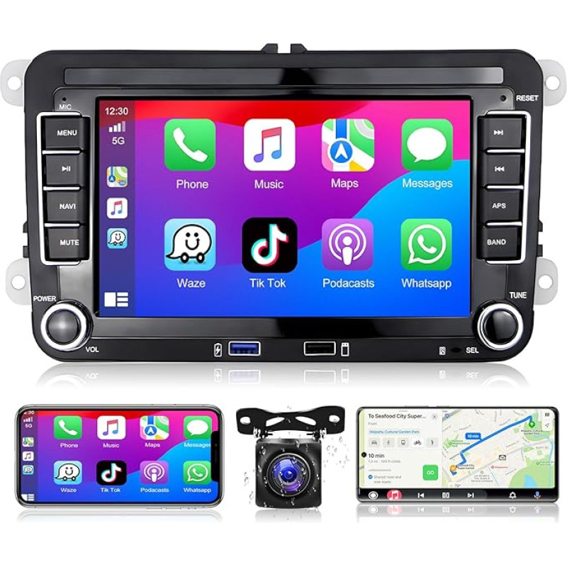 Podofo Car Radio for VW Golf 5 6 Polo Seat Skoda Passat with Carplay Android Car, 1+32G 7 Inch Android Radio with Screen Bluetooth, WiFi, GPS, RDS Radio + Reversing Camera