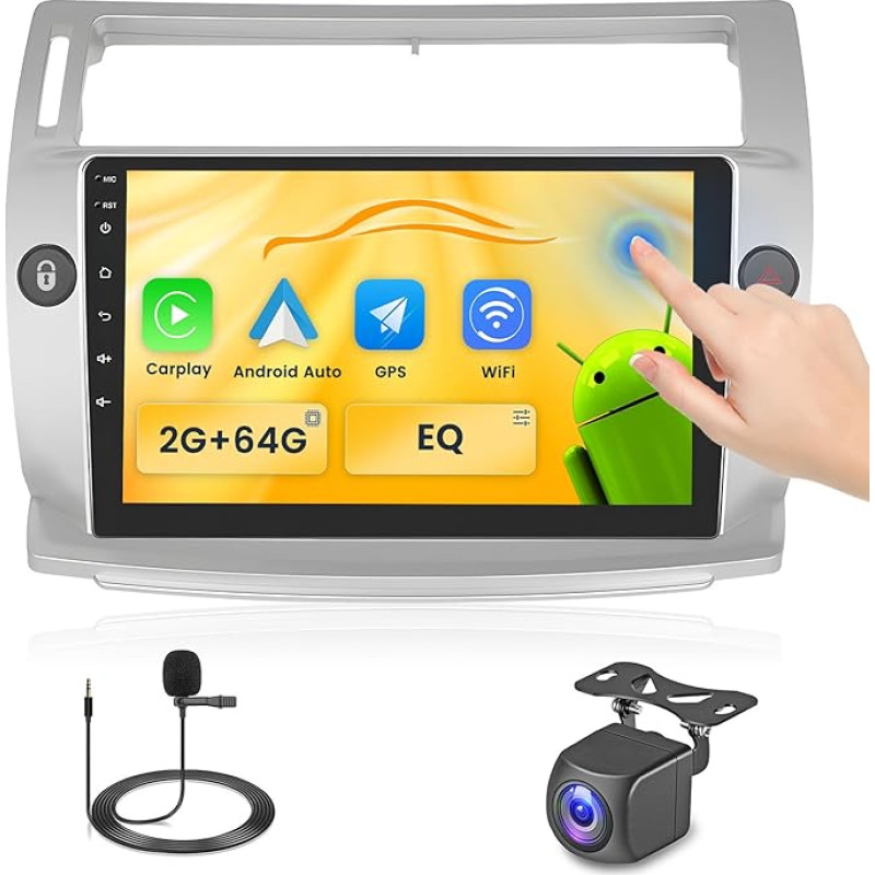 2+64G Android Autoradio für Citroën C4 2004-2009/C-QUATRE 2008 2009 2010 2011 mit Wireless Carpaly&Android Auto, 9'' IPS Touchscreen Radio mit Bluetooth/GPS/Rückfahrkamera/FM/WiFi/SWC/26UI