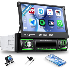 [Android 15] CAMECHO 2+64G 7 Zoll Autoradio 1 Din Wireless Carplay Touchscreen Navi Radio Ausfahrbarem Manuelle Display mit Bluetooth Android Auto GPS WiFi DSP FM/RDS Mirror Link SWC +Rückfahrkamera