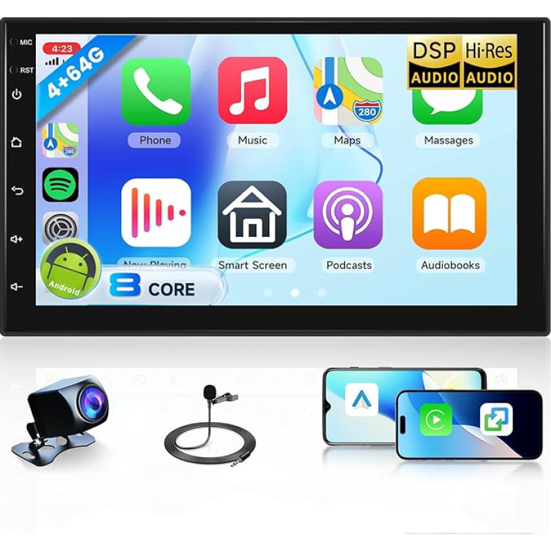 Hodozzy 8 Core 4G + 64G Android Car Radio with Wireless CarPlay Android Car, 7 Inch QLED Touchscreen 2 DIN Radio with GPS, Bluetooth 5.1, WiFi, DSP, FM/RDS Radio, Double USB, SWC+AHD Rear View Camera