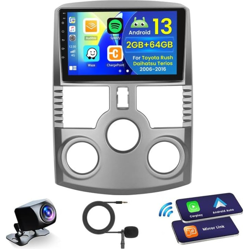Hikity 2+64GB Android 13 Car Radio for Toyota Rush Daihatsu Terios 2006-2016 Radio Carplay Android Car Wireless 9 Inch IPS Touch Screen Radio with Reversing Camera Bluetooth Navigation WiFi DSP EQ