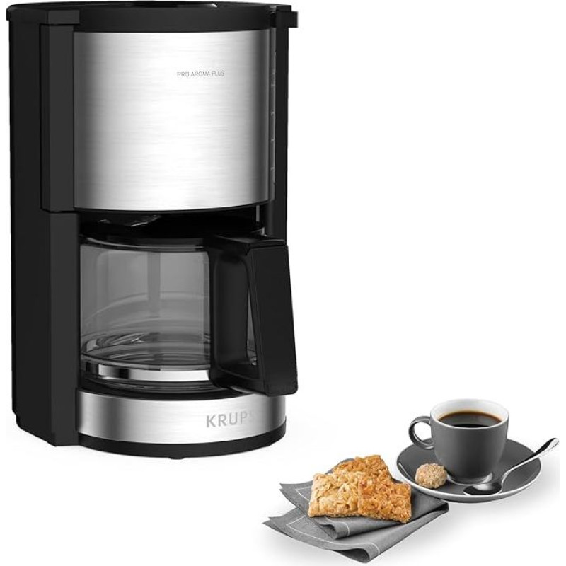Krups KM321 Proaroma Plus Glass Coffee Maker, 10 Cups, 1100 W, Modern Design, Black with Stainless Steel Applique