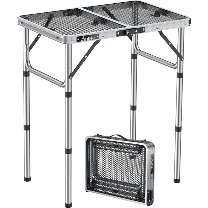 Stovyklavimo stalas Sulankstomas stalas su 3 reguliuojamais aukščiais Aliuminio grilio stalas 60 x 40 cm Lagamininis stalas su metaliniu tinkleliu Lengvas ir nešiojamas sodo stalas Alaus stalas paplūdimio piknikui