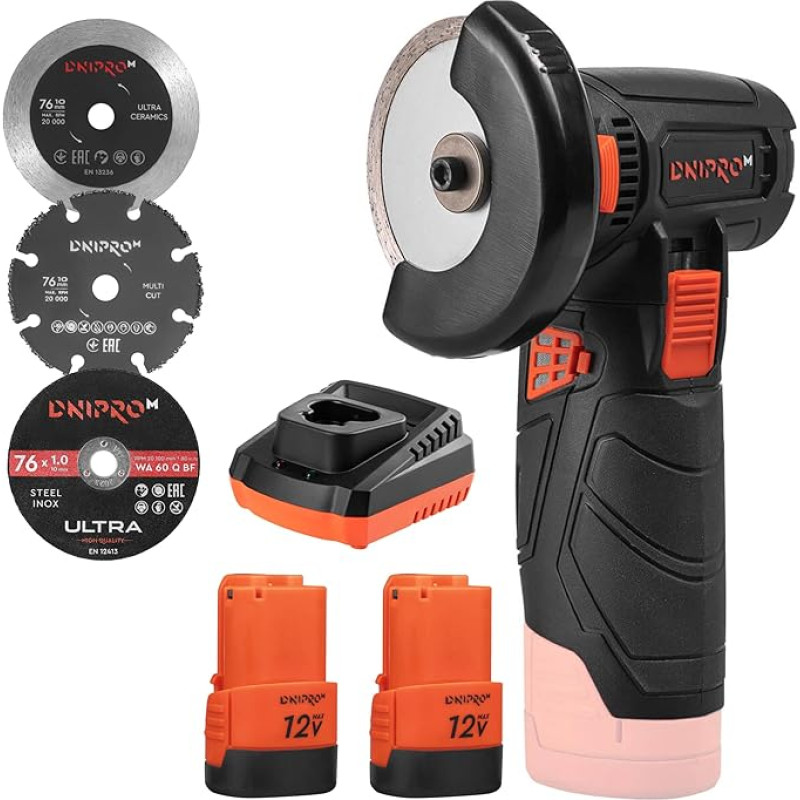 CG-12BC Ultra Wireless Angle Grinder 12V Mini Brushless Angle Grinder with 2 Batteries 2000mAh 18500RPM 7 Discs 76mm