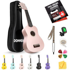 Donner Soprano Ukulele Kit 21 Inch DMU-01 Macaron Series Matte Hawaiian Guitar for Beginners (Pink)