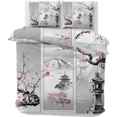 Duvet Cover 220 x 240 cm, Japanese Bedding for Adults, Reversible with Zip, Duvet Cover for Double Bed, Printed Fuji, Cherry Blossom and 2 Pillowcases 65 x 65 cm