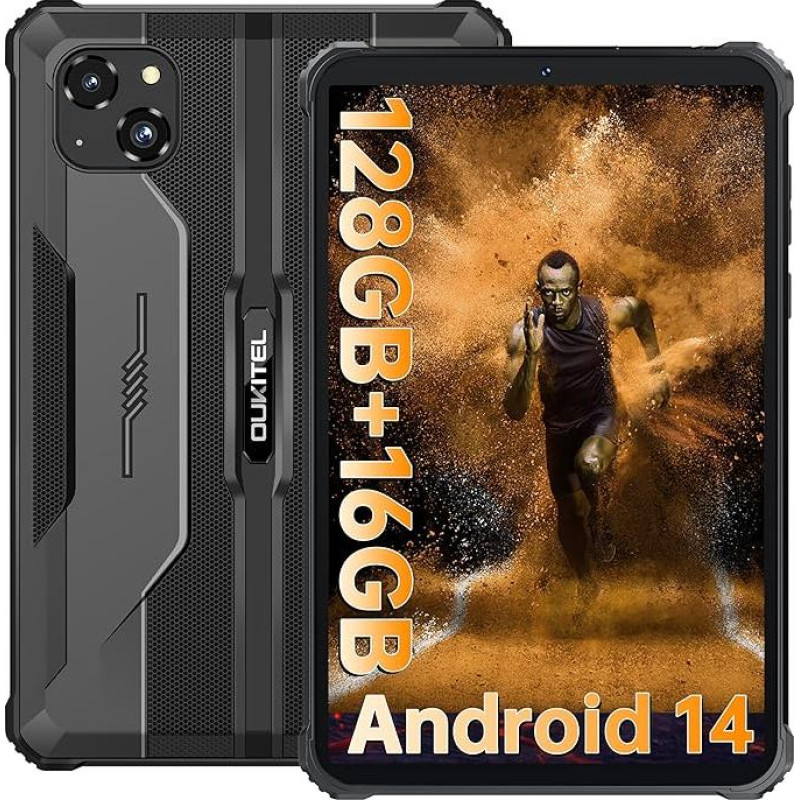 OUKITEL RT3 Pro Outdoor Tablet 8 Inch Android 14 Robust Tablet IP68/IP69K, 5150mAh 16GB+128GB Waterproof Tablet Dual SIM 4G, 16MP + 8MP Camera Mini Tab, Face ID, NFC, Black