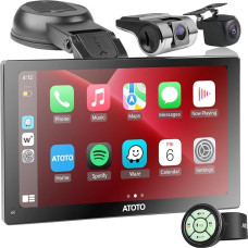 ATOTO P5 automobilinis radijas Nešiojamas 7 colių QLED CarPlay ekranas su priekine ir 1080P galinio vaizdo kamera, belaidis CarPlay ir Android Car, GPS navigacija, automatinis apšvietimas, Bluetooth, AUX/FM/USB, P507SD-S31