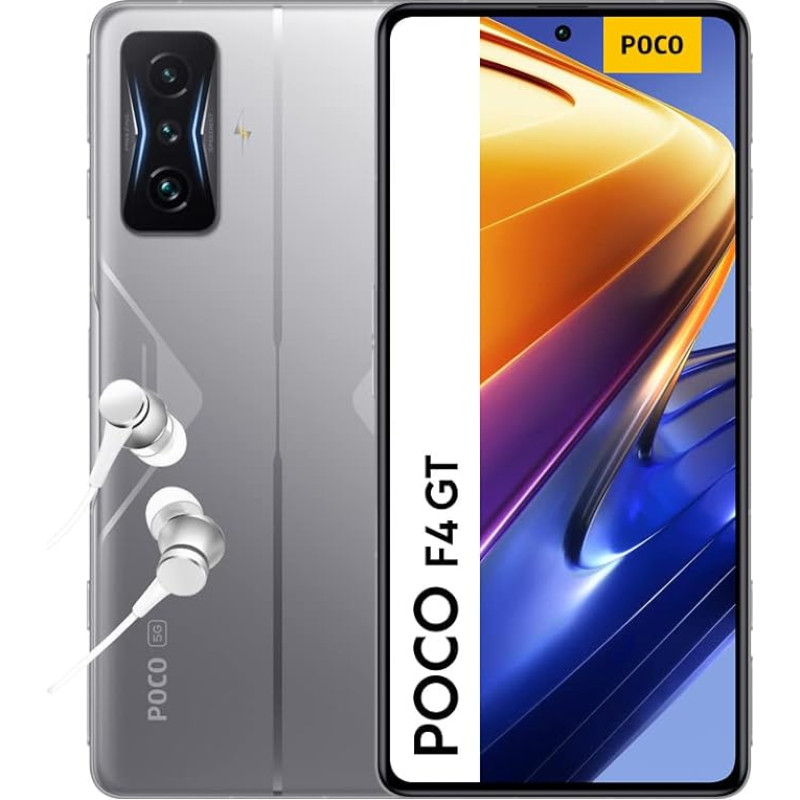 Poco F4 GT 5G Smartphone + Headphones, 12 + 256 GB Mobile Phone without Contract, 6.67 Inch 120 Hz E4 AMOLED Display, 64 MP Triple Camera, 4700 mAh, 120 W HyperCharge, Silver Alexa Hands-Free