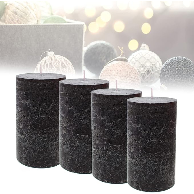 Smart-Planet Set of 4 Ambiente Rustic Pillar Candles - Black - Large Rustic Candle 12 cm - Long Burning Time Approx. 54 Hours Christmas Candles Advent Wreath