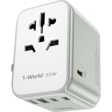 MOMAX Travel Adapter Worldwide PD35W, Universal Travel Plug with 3USB-C & 2USB-A & 1AC, International Socket Adapter Simultaneously Charging 6 Devices for DE USA UK Thailand White