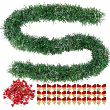 VINFUTUR 4 x Artificial Christmas Garland Green Grass Garland + 24 x Christmas Bows + 100 x Artificial Red Christmas Berries for Christmas Wreath Christmas Tree Christmas Garland DIY Crafts Home