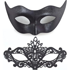 Pack of 2 Masquerade Masks, Women and Men, Venetian Eye Masks, Halloween Party, Lace Ball Masks for Cosplay, Costume, Carnival Masks, Black