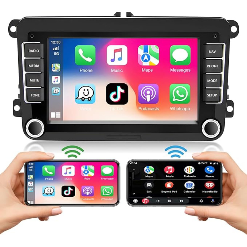 Podofo Car Radio for VW Golf 5 6 Polo Seat Skoda with Wireless Carplay Android Car, 2+64G 7 Inch Android 13 Car Radio with Screen, Bluetooth, HiFi, WLAN, GPS, RDS + Reversing Camera & Microphone