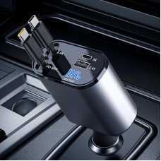 AmazeFan Car Charger - Mobile Phone Quick Charger 60 W, 2 Type-C Cable Retractable Car Charger, 4-in-1 USB Cigarette Lighter Adapter, Car Plug Compatible with iPhone 15/Galaxy/Pixel/Google/Huawei