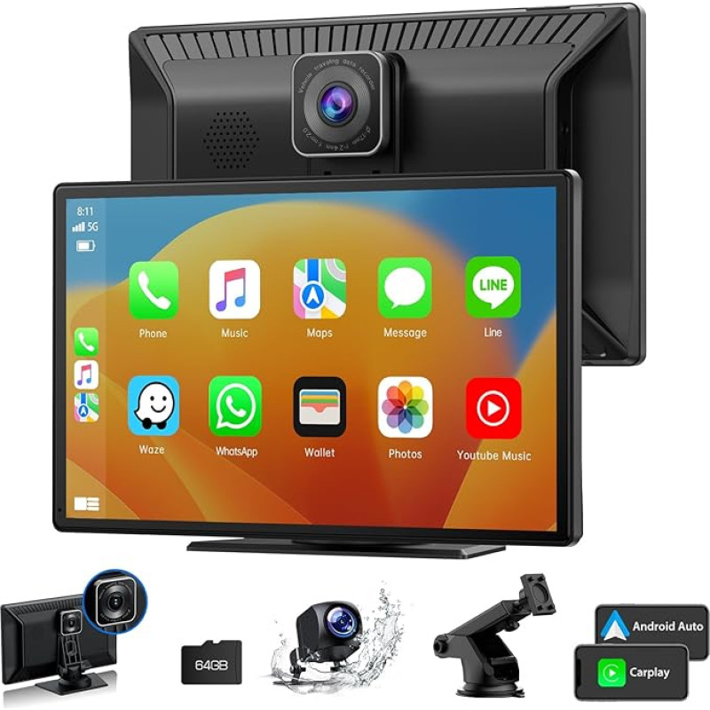 Volam Carplay with 2.5K Dashcam Car Front Rear 1080P Reversing Camera, Wireless A-pple Carplay Android Car Display 9 Inch Car Touch Screen Drive Play with Mirror Link, GPS, Loop Recording, 64G SD Card