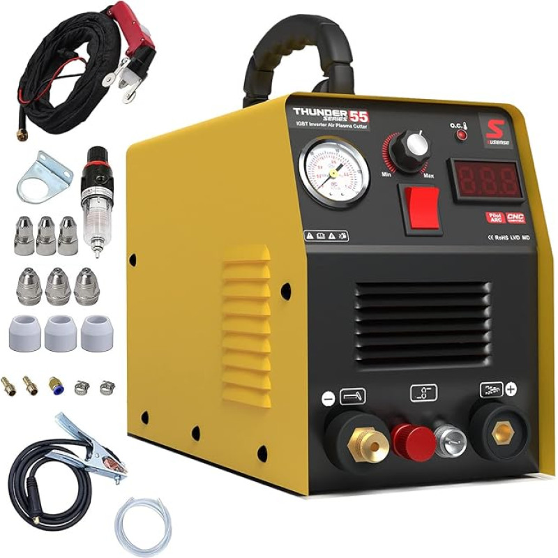 SUSEMSE Plasma Cutter Pilot Ignition 55 Amp Inverter High Frequency Plasma Cutter IGBT Inverter Plasma Cutter, 230 V, Cutting Capacity Max. up to 14 mm - with Plasma Cutting Torch and Nozzle Set