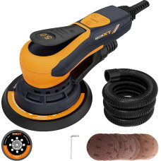 MAXXT bešepetėlinis elektrinis šlifuoklis 150 mm, orbitinis šlifuoklis 5,0 mm su trijų gyslų jungtimi, automatiniu stabdžiu 2 s, 6 reguliuojamais greičiais ir 10 šlifavimo popierių, 5 m laidas