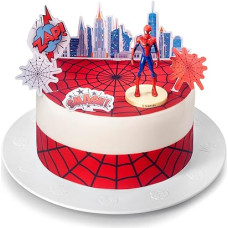 Kardasis Spiderman Cake Topper | Edible Topper for Cakes and Cooking | Cake Decoration for Spiderman Theme Birthday | 20 cm Round Sugar Paper + 4 Ribbons 28 x 4 cm + 5 Paper Figures + 3D Figure