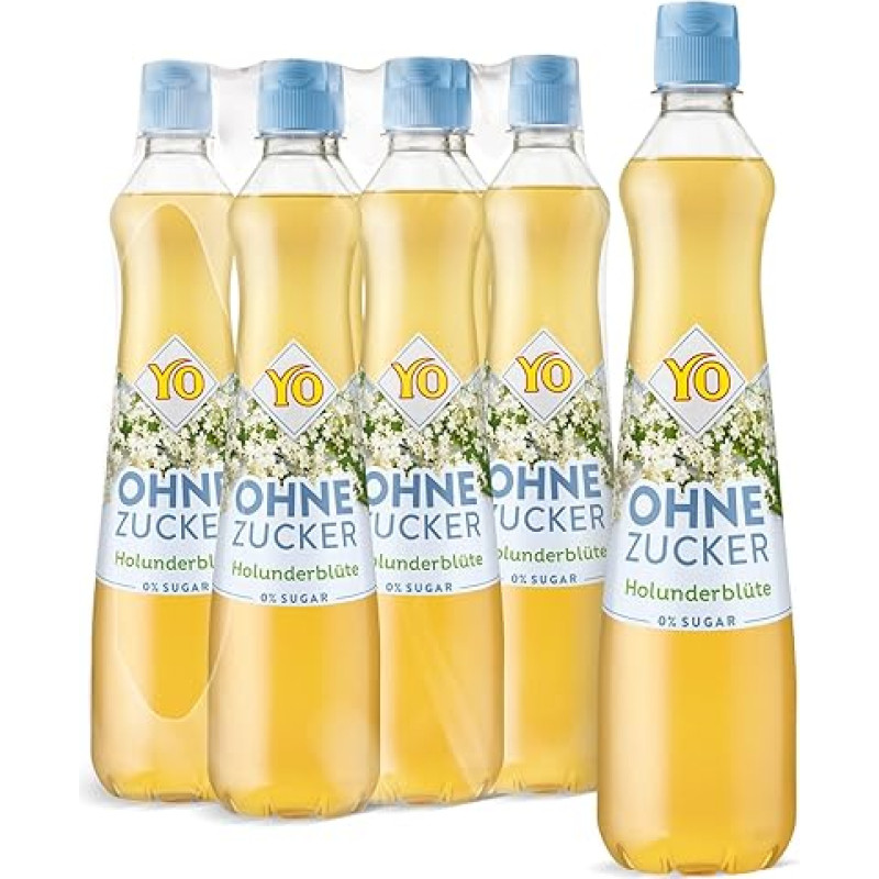 YO šeivamedžio žiedų sirupas (6 x 700 ml) - be cukraus, tik 2 kalorijos 100 ml paruošto gėrimo, veganiškas - iš 1 butelio galima pagaminti iki 6 litrų paruošto gėrimo