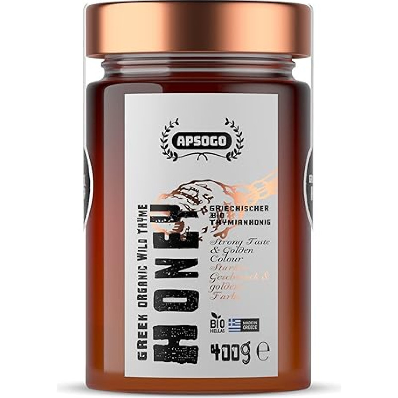 APSOGO ekologiškas čiobrelių medus - grynas medus iš Kretos (Graikija), turtingo skonio ir aukso spalvos (400 g)