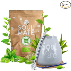 Yerba Mate Kit - Soul Mate Sin Humo Bio 500g | Keramik Kalebasse (Grau) | Edelstahl Bombilla | Enthaltenes Zubehör (Untersetzer & Reinigungsbürste)