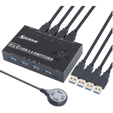 USB 3.0 jungiklis 4 kompiuteriams, 4 įėjimai ir 4 išėjimai USB jungiklis, skirtas dalytis 4 USB įrenginiais, periferinių įrenginių jungiklis, skirtas pelei, klaviatūrai, skaitytuvui, spausdintuvui, spausdintuvui, kompiuteriui