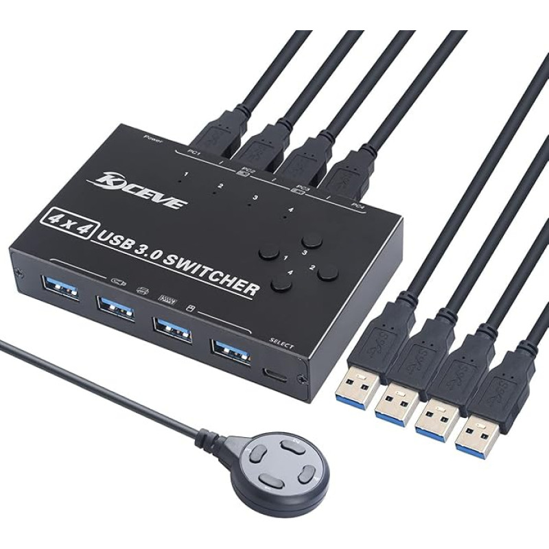 USB 3.0 jungiklis 4 kompiuteriams, 4 įėjimai ir 4 išėjimai USB jungiklis, skirtas dalytis 4 USB įrenginiais, periferinių įrenginių jungiklis, skirtas pelei, klaviatūrai, skaitytuvui, spausdintuvui, spausdintuvui, kompiuteriui